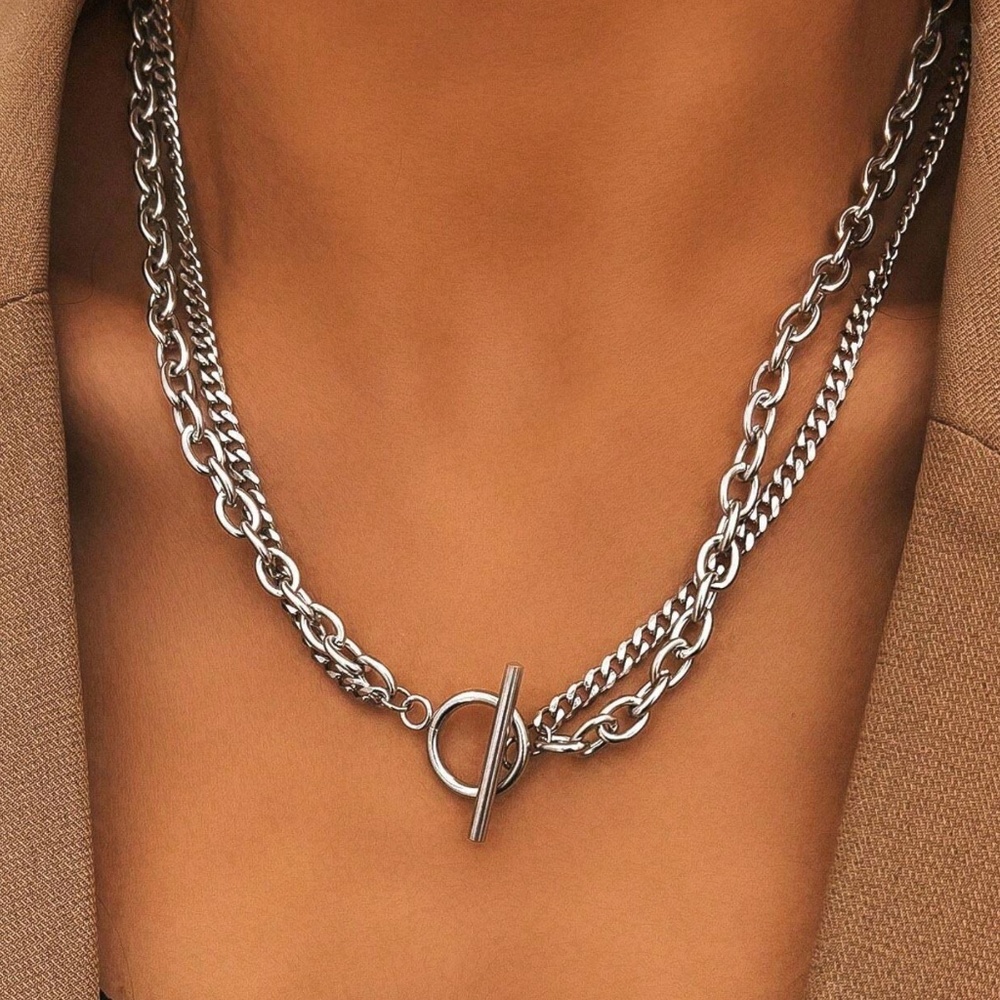 Luxe Silver Tone Stainless Steel Chunky Chain Statement Necklace